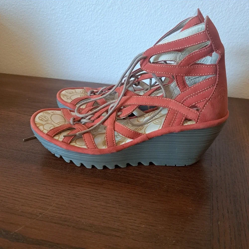 Fly London Womens Orange Red Leather Lace Up Strappy Wedge Sandals P50063002 37